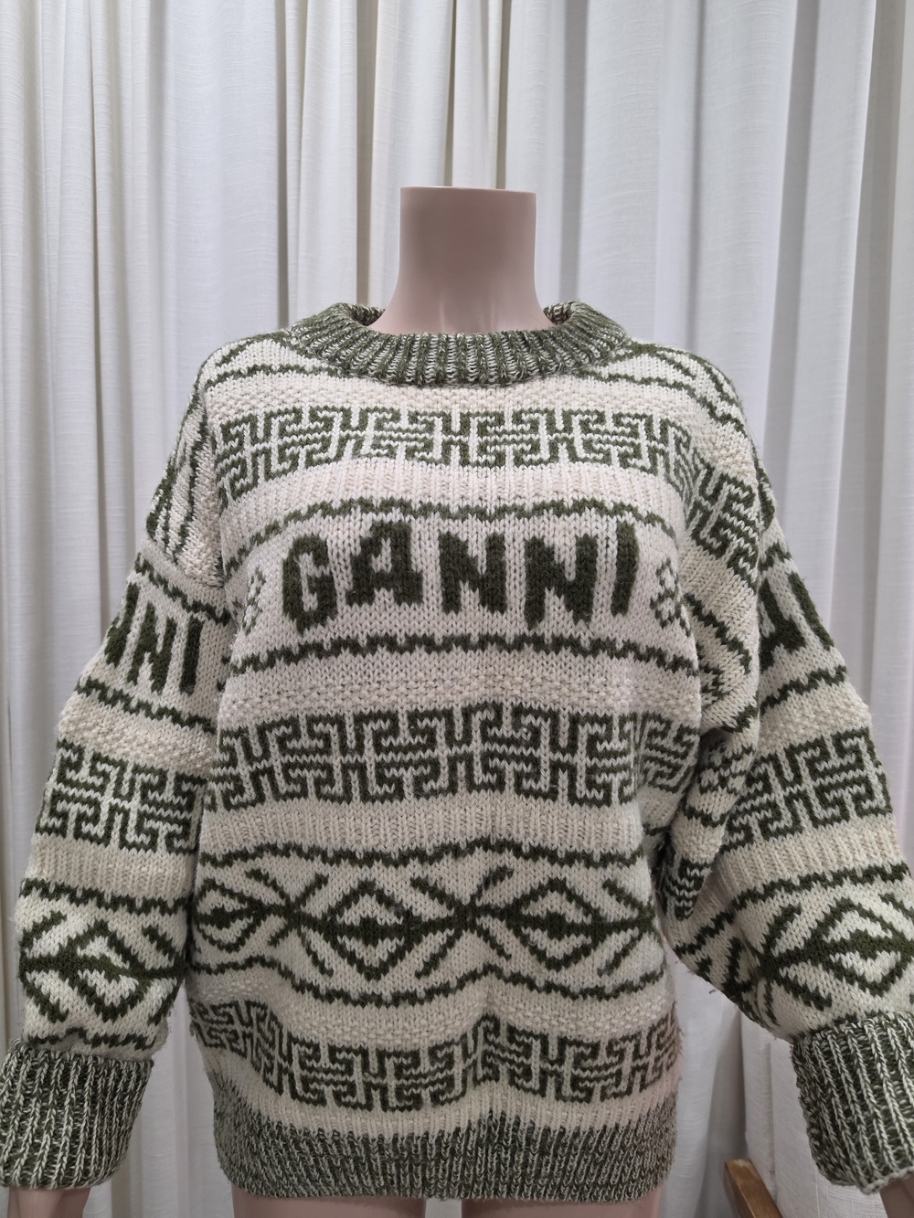 GANNI Green Cream Logo Jacquard Oversized Knit Sweater Pullover